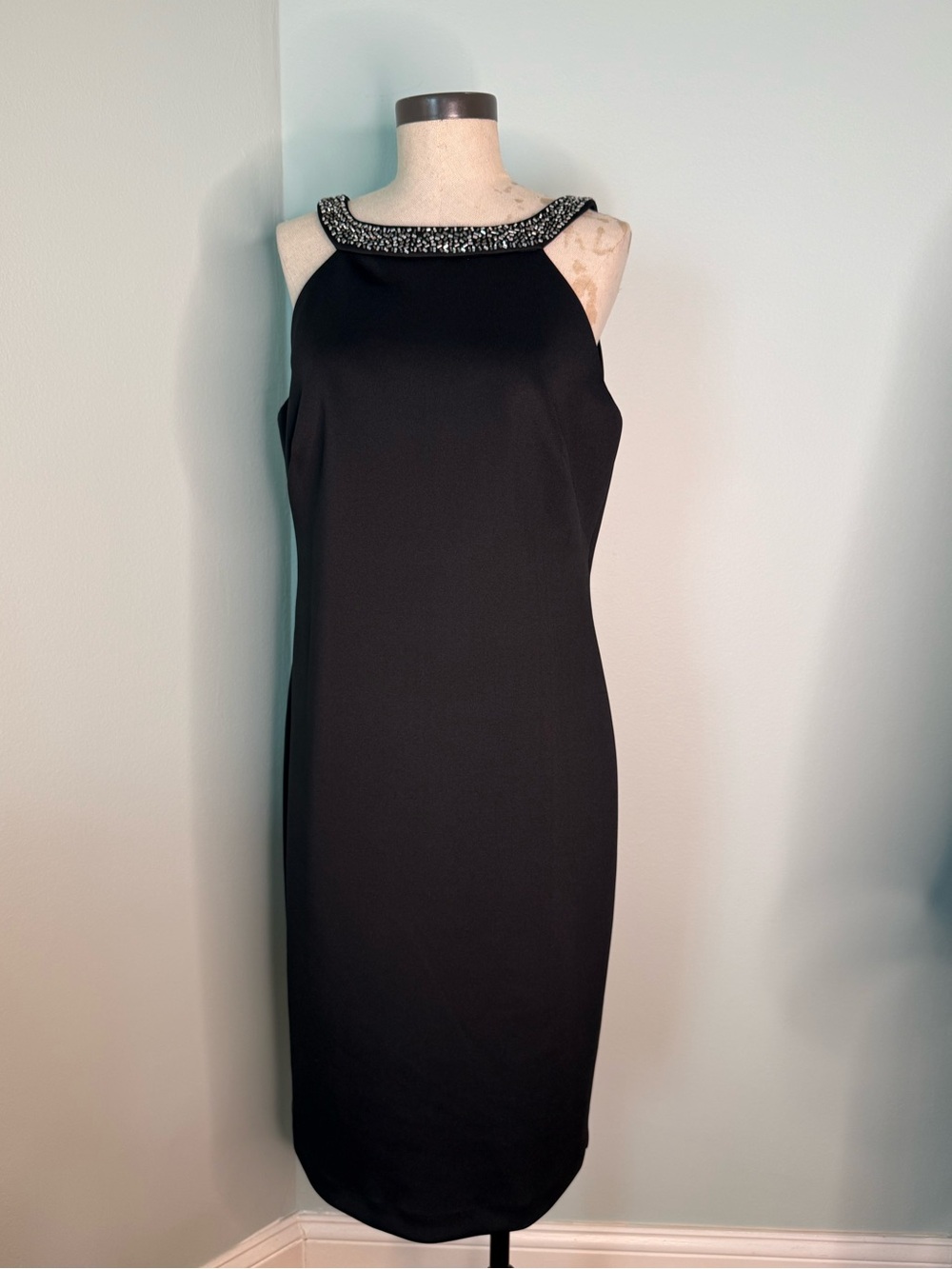 NWT Calvin Klein Black Beaded Halter Neck Sheath Dress Size 14 — MSRP $139